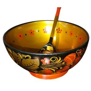 Russian Khokhloma Wooden Bowl & Spoon Set Hand-Painted Floral Red Balck Gold